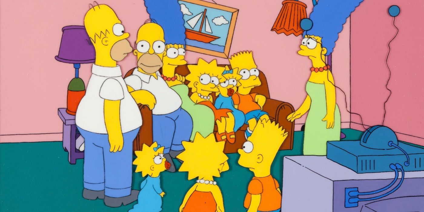 The Simpsons run into their doppelgängers on their couch in an open couch gag sequence in The Simpsons