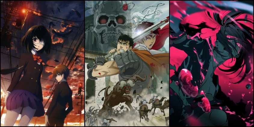 On the left, Mei Misaki and Koichi Sakakibara from Another in front of storm sky, in the center, Guts from Berserk wields sword in battle scene, on the right, Hyakkimaru from Dororo surrounded by tattered red