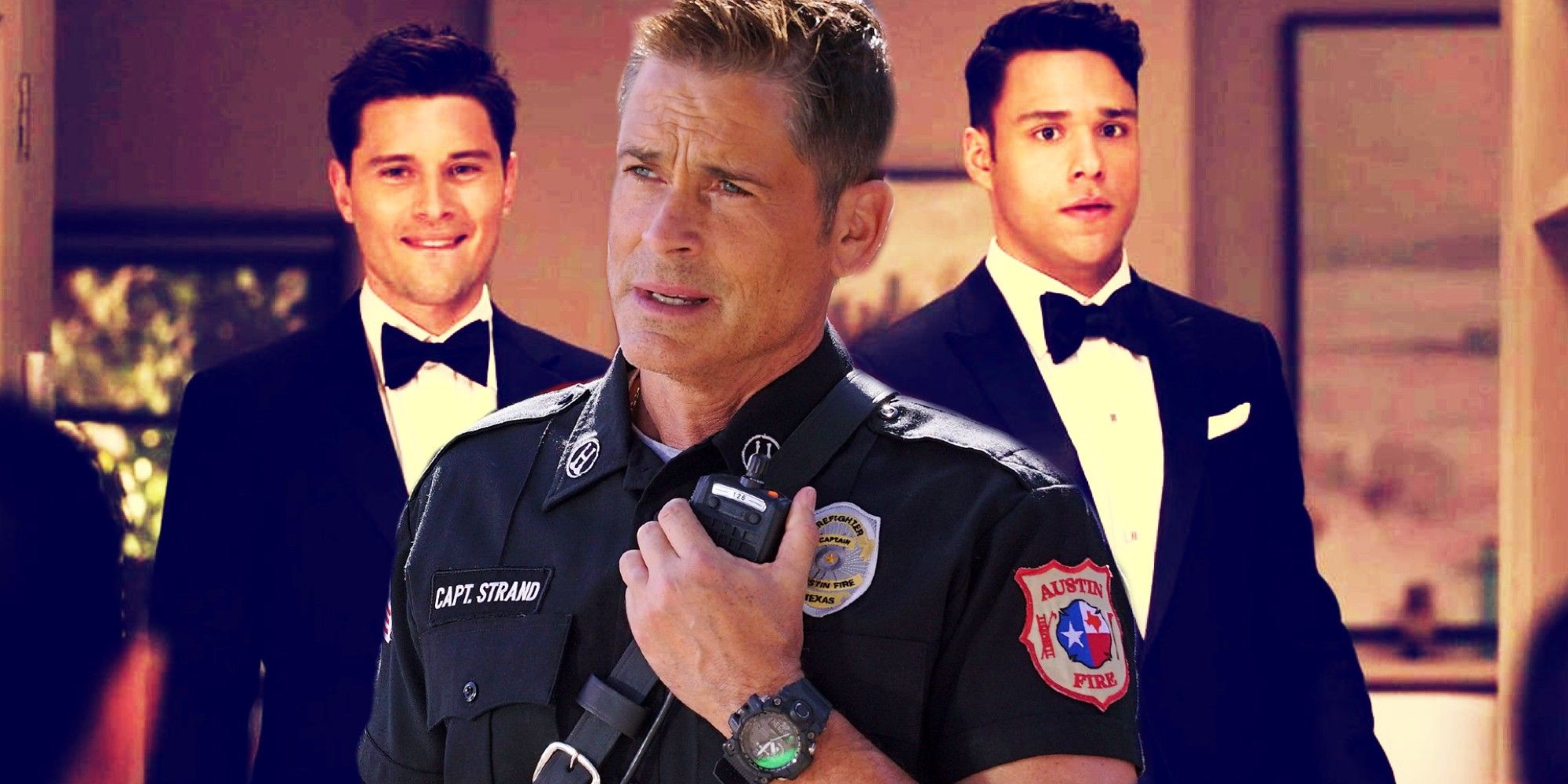 Custom image of Carlos and TK in the background and Rob Lowe's character in 9-1-1 Lone Star