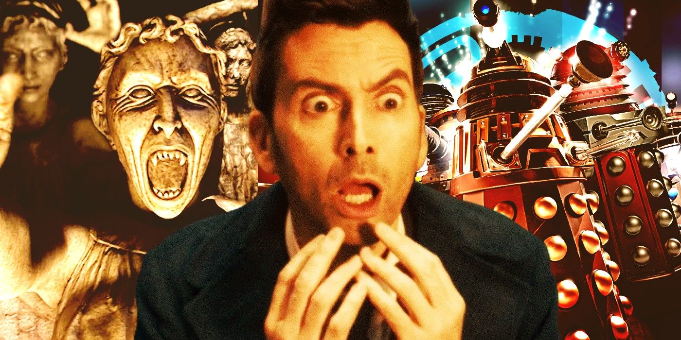 Custom image of Fourteenth Doctor shocked, Weeping Angels, and Daleks