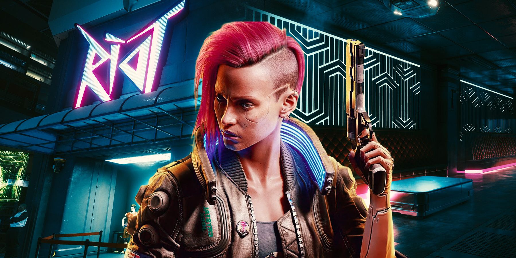 V in front of The Riot Club In Cyberpunk 2077