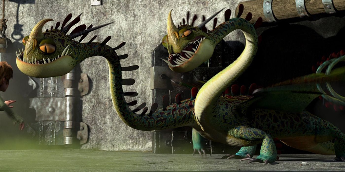 Un horrible dragón Zippleback que amenaza a Hipo en Cómo entrenar a tu dragón.