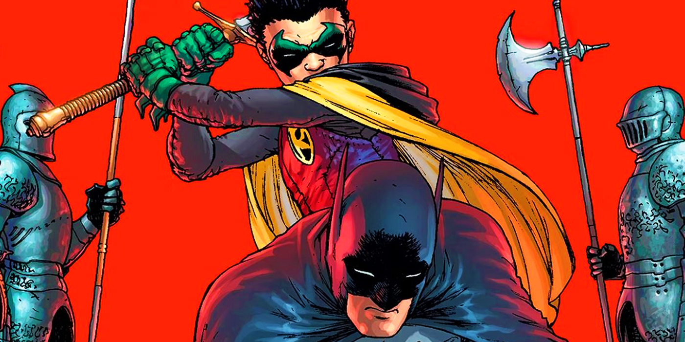 Damian Wayne aiming a sword at Batman in DC Comics and The Brave and the Bold