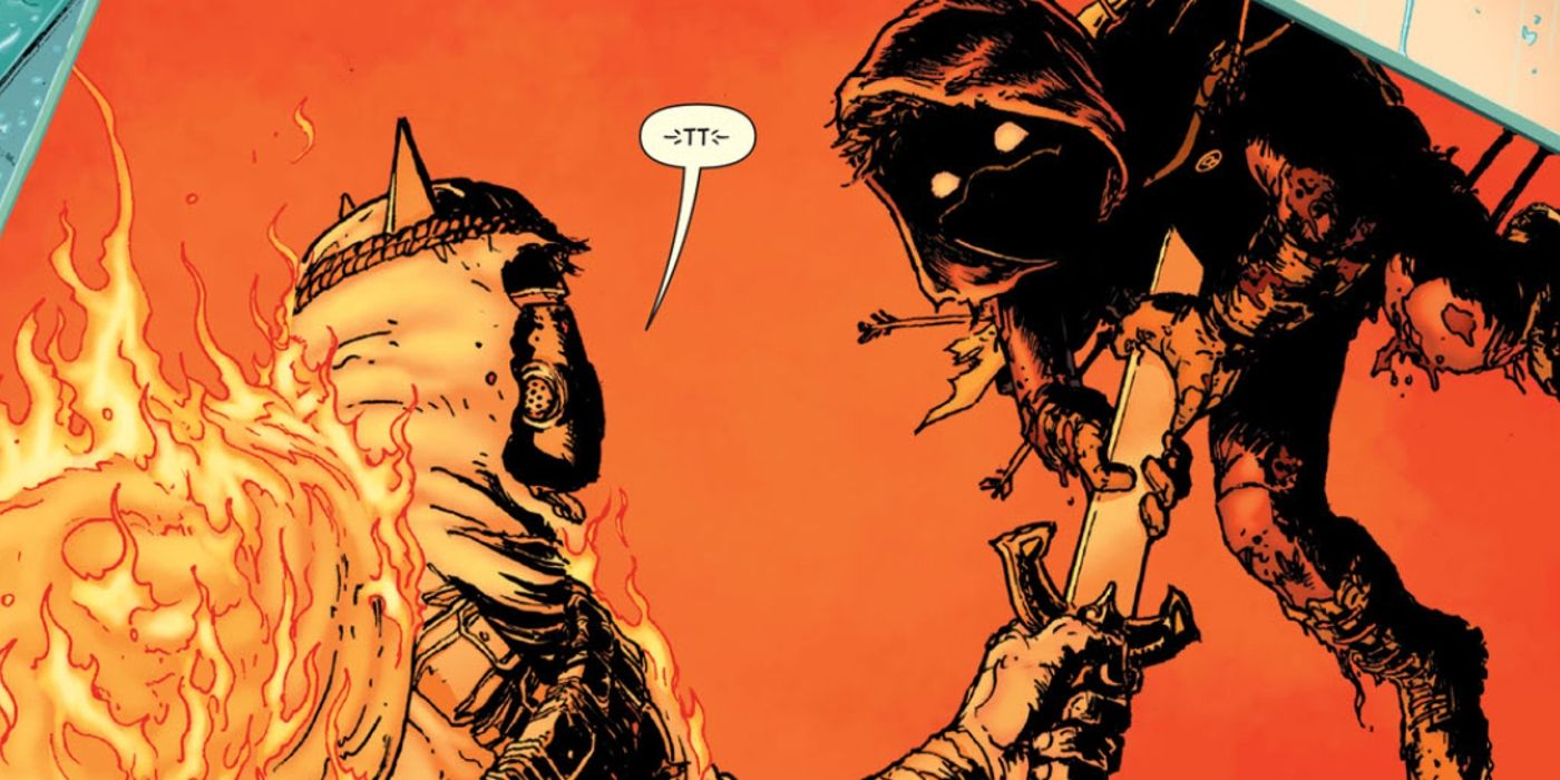 Comic book panel: Heretic stabs Robin Damian Wayne through the stomach.