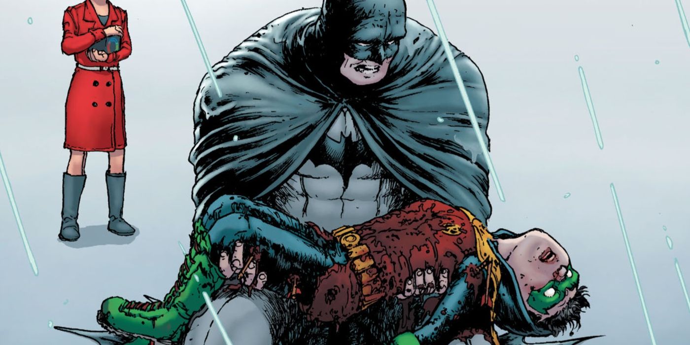 Batman segura o cadáver de Robin Damian Wayne.