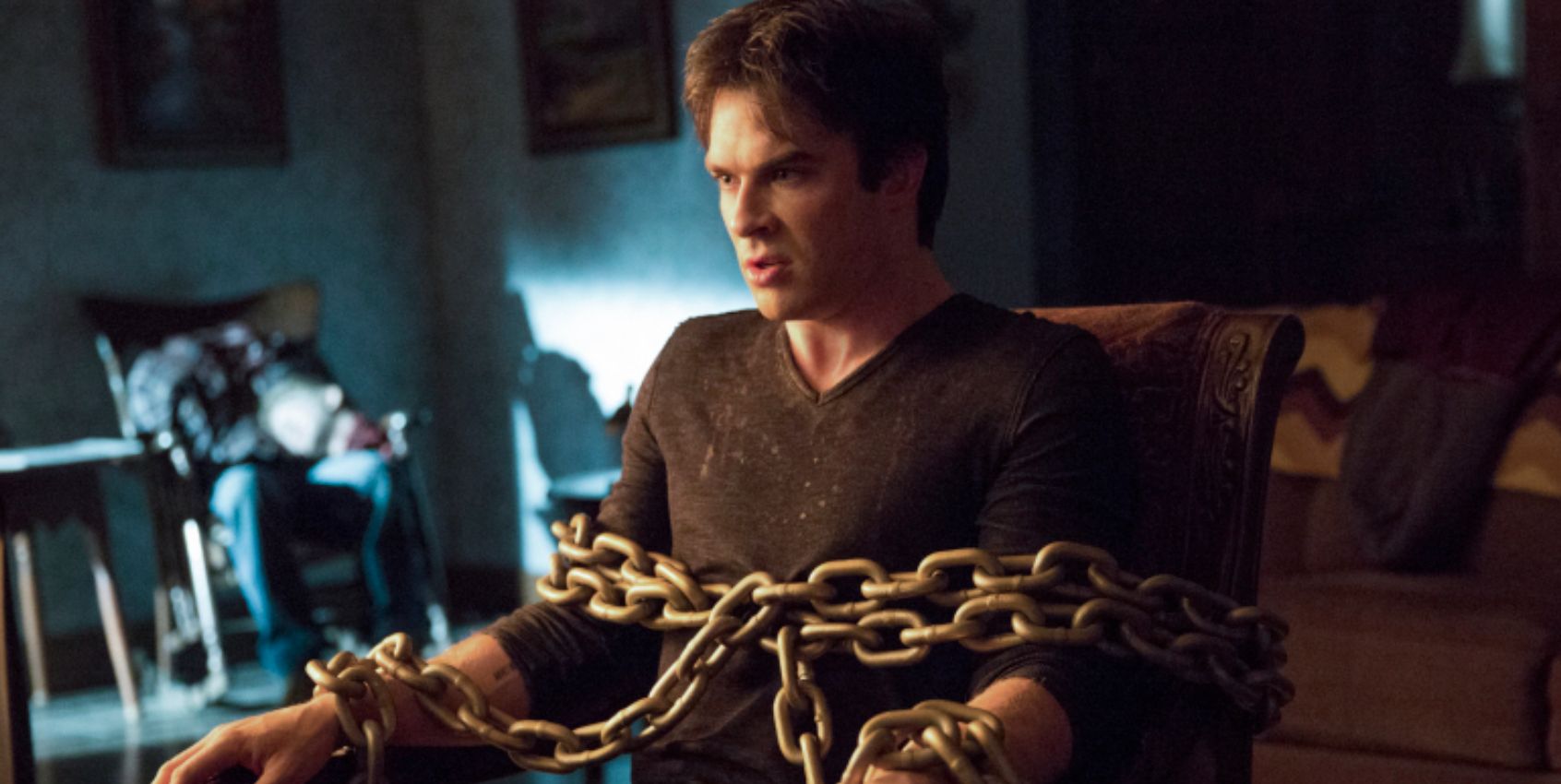 Damon in chains in The Vampire Diaries episode No Exit
