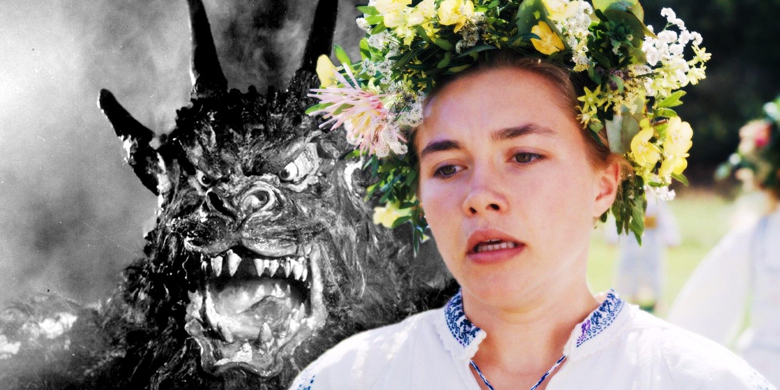 Dani in Midsommar and a creature from Curse of the Demon