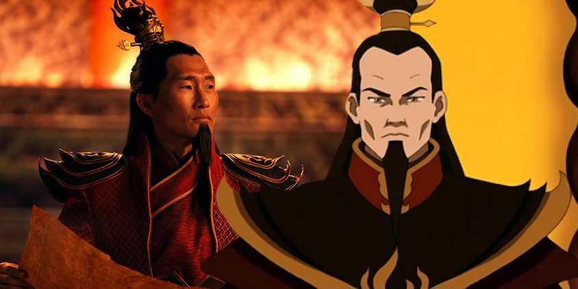 Daniel Dae Kim as Fire Lord Ozai in Netflix's Last Airbender next to the character from the original show