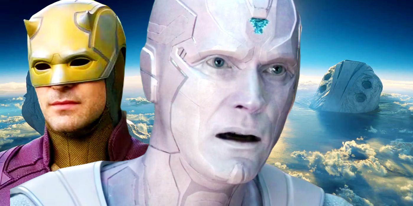A split image of Charlie Cox&rsquo;s Daredevil, Paul Bettany&rsquo;s Vision, and the body of dead Celestial Tiamut