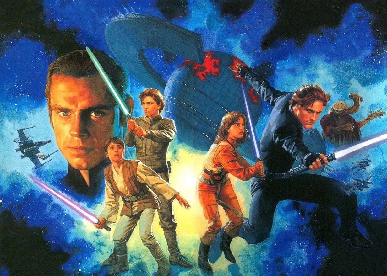 Jacen Solo (Center left), a young man wielding a lightsaber; and his sister Jainen Solo (center right), in a Rebel flight suit and holding a lightsaber.