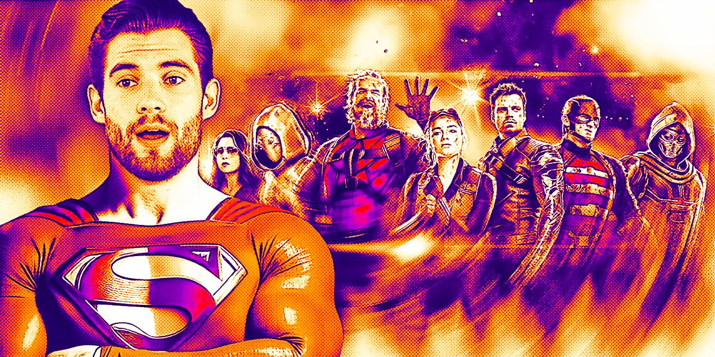 David Corenswet as Superman looking surprised and the MCU&rsquo;s Thunderbolts team behind him