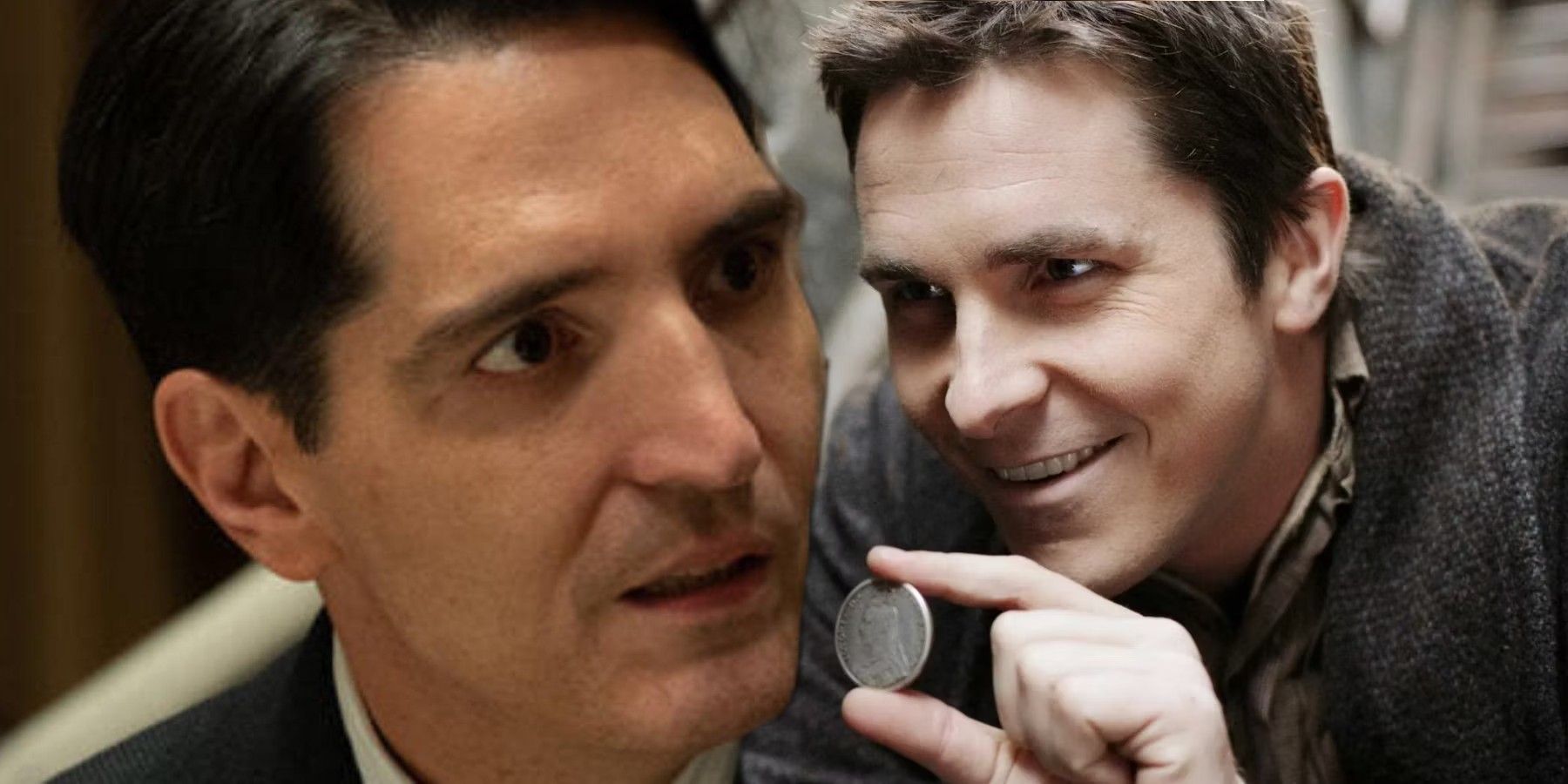 David Dastmalchian in Oppenheimer and Christian Bale holding a coin in The Prestige