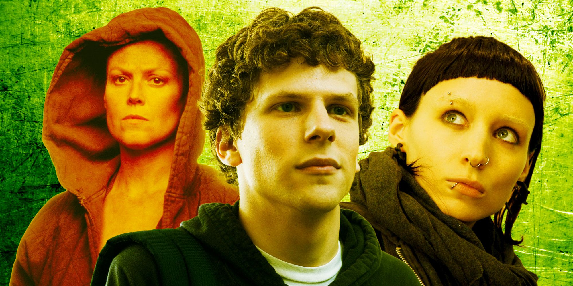 David Fincher movie collage: Alien 3, Social Network, Girl With Dragon Tattoo.