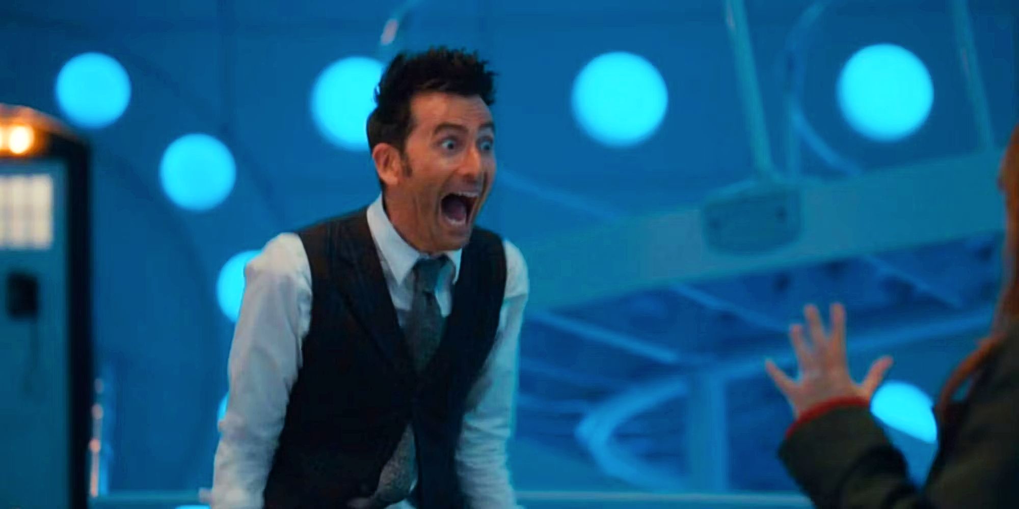 David Tennant screaming excitedly in Doctor Who
