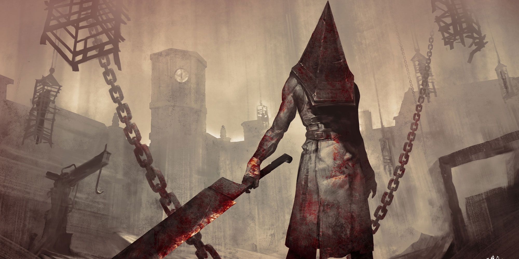 Pyramid Head from the Silent Hill wields his Great Knife in Franchise artwork for Dead by Daylight. 