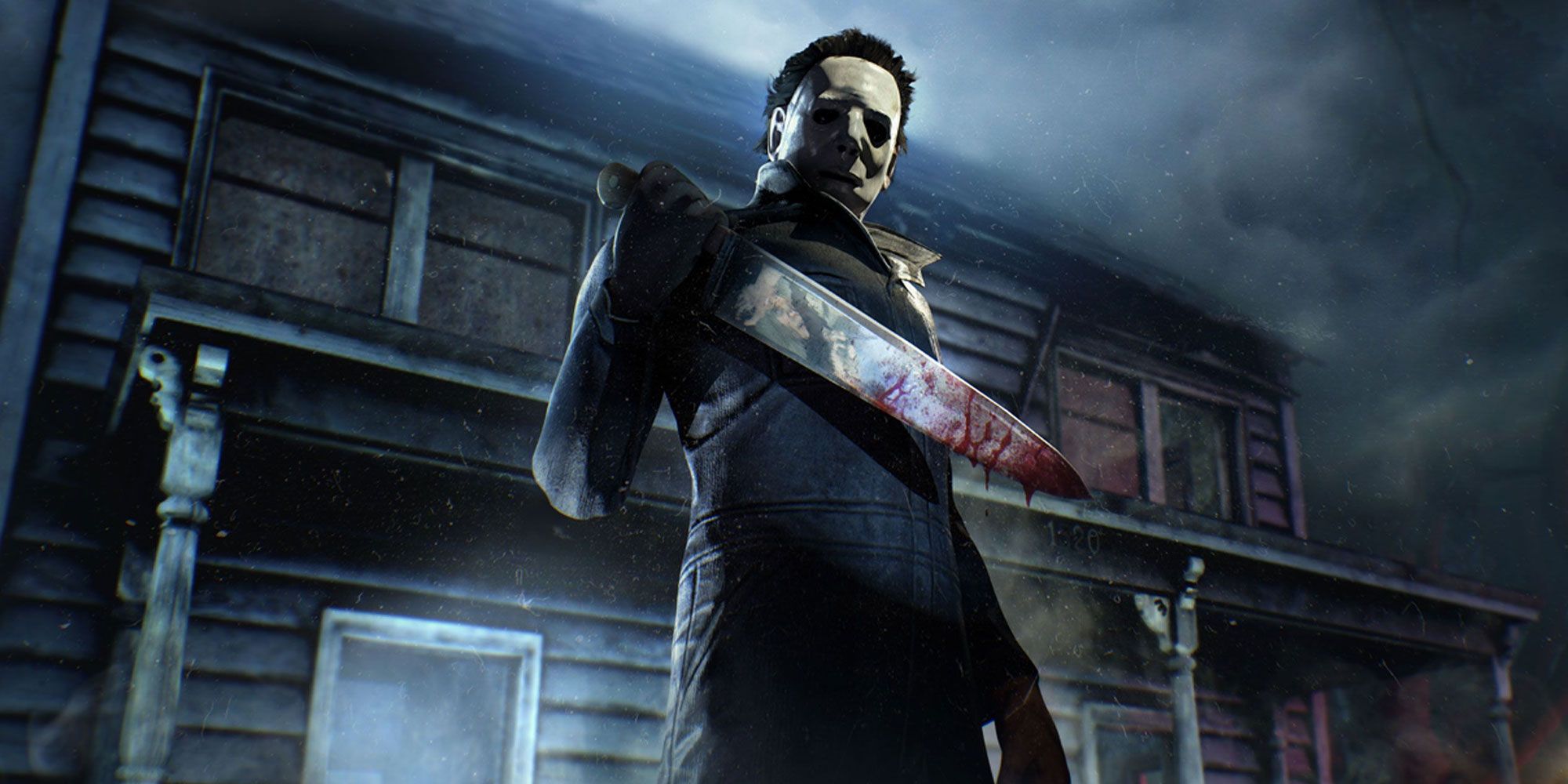 Artwork of The Shape from Dead by Daylight holding a bloody kitchen knife. 