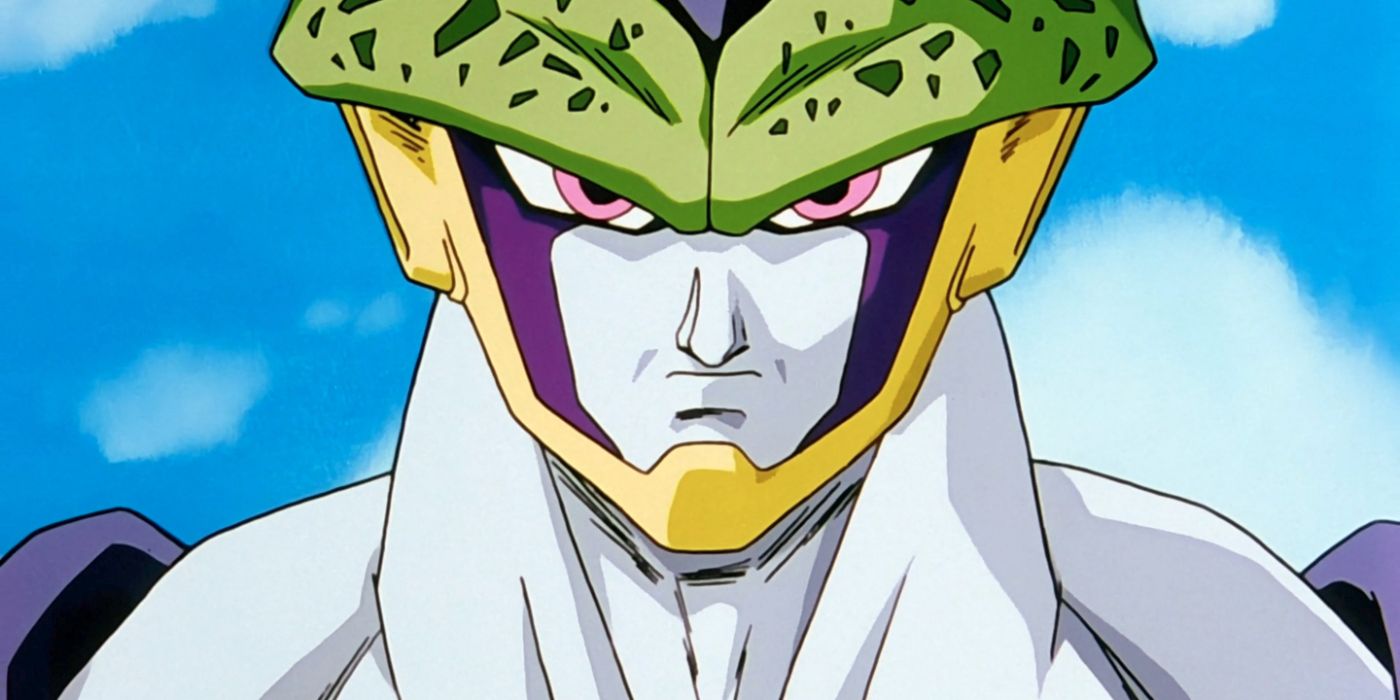 Dragon Ball Z's Cell scowls in front of a blue sky.