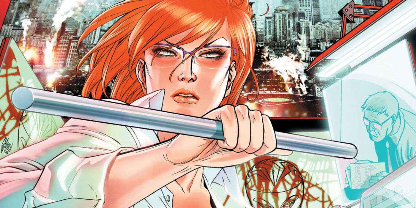 Comic book art: Barbara Gordon as Oracle holding a fencing stick.