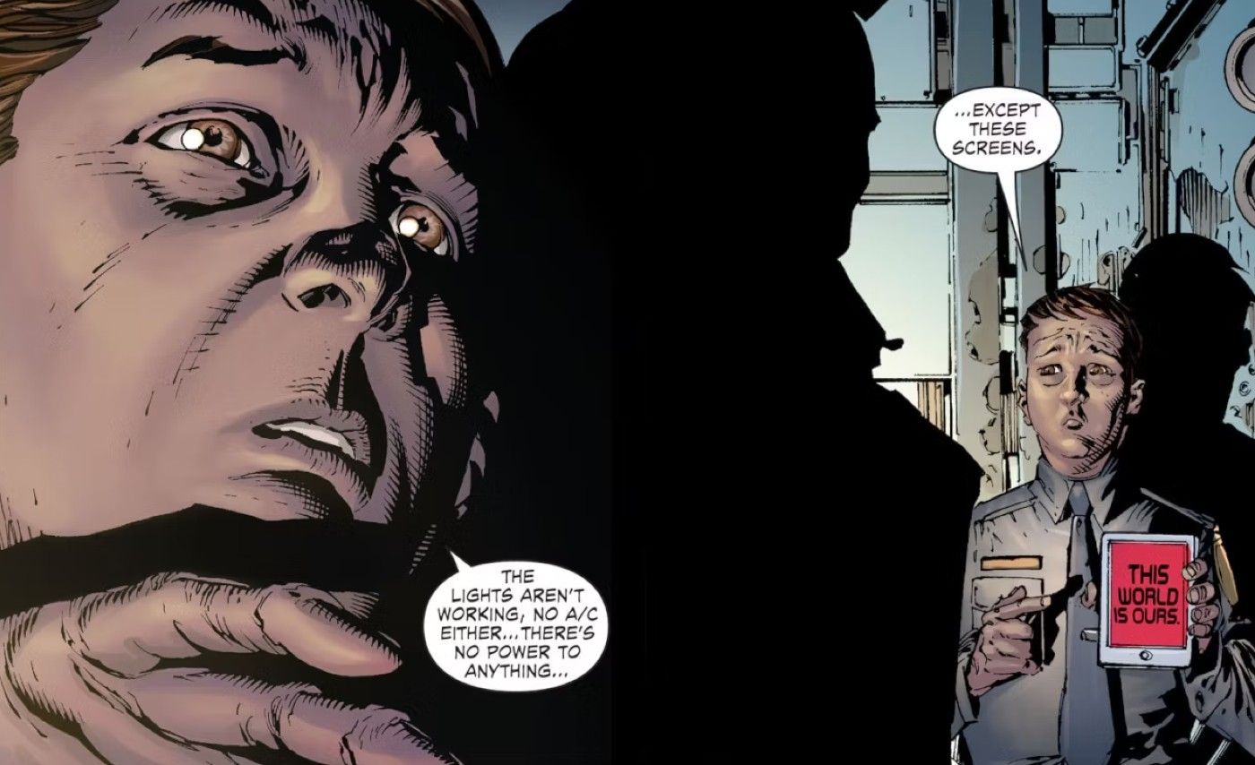 Comic book panels: A white man notices the power is completely out. He holds a red screen that says &ldquo;this world is ours.&quot;