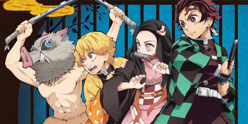 Demon Slayer Kimetsu no Yaiba's Tanjirou, Nezuko, Zenitsu, & Inosuke Posing with Their Weapons Drawn