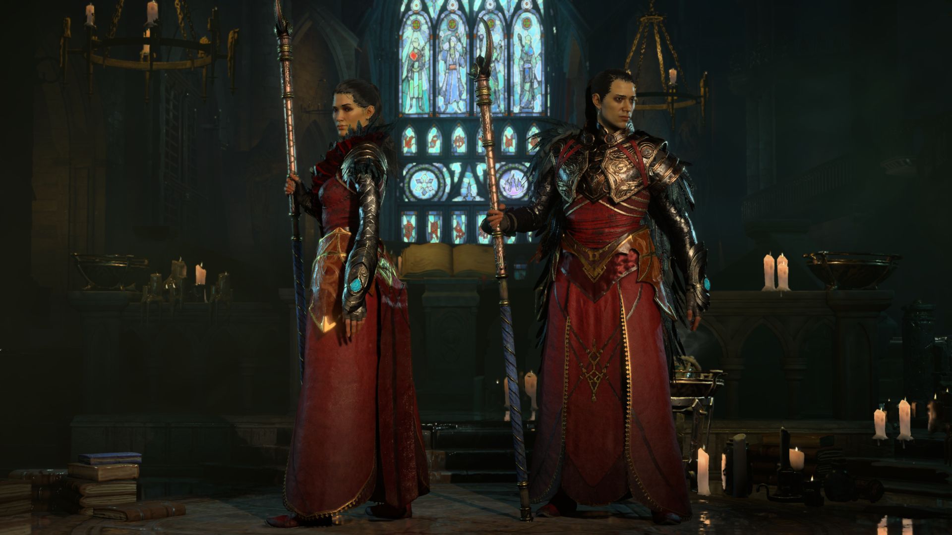 Diablo 4 Male And Female Sorcerers Standing In Dark Chapel With Stained Glass Window
