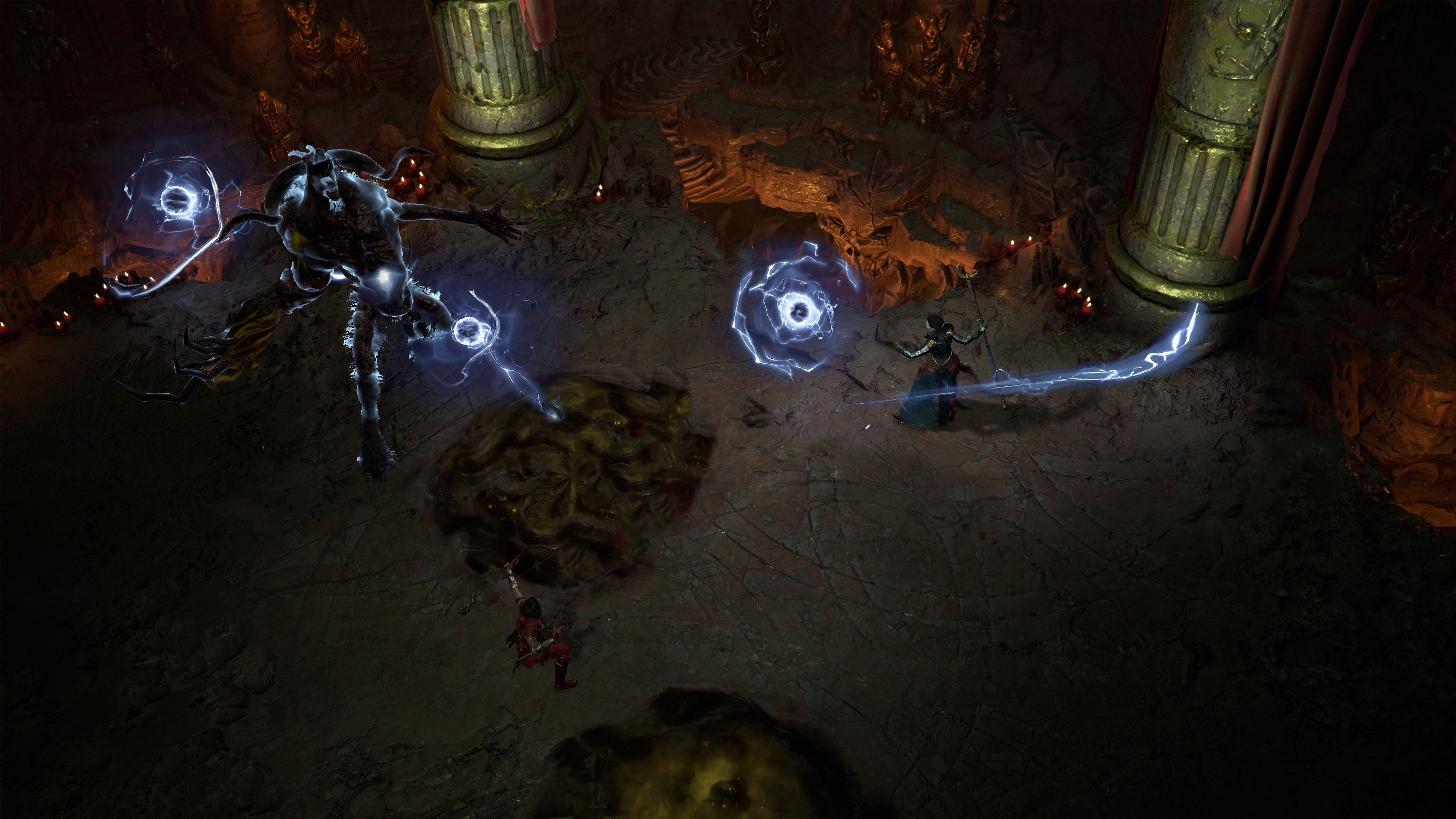 Diablo 4 Rogue And Sorcerer Fighting Monster With Ball Lightning In Dungeon