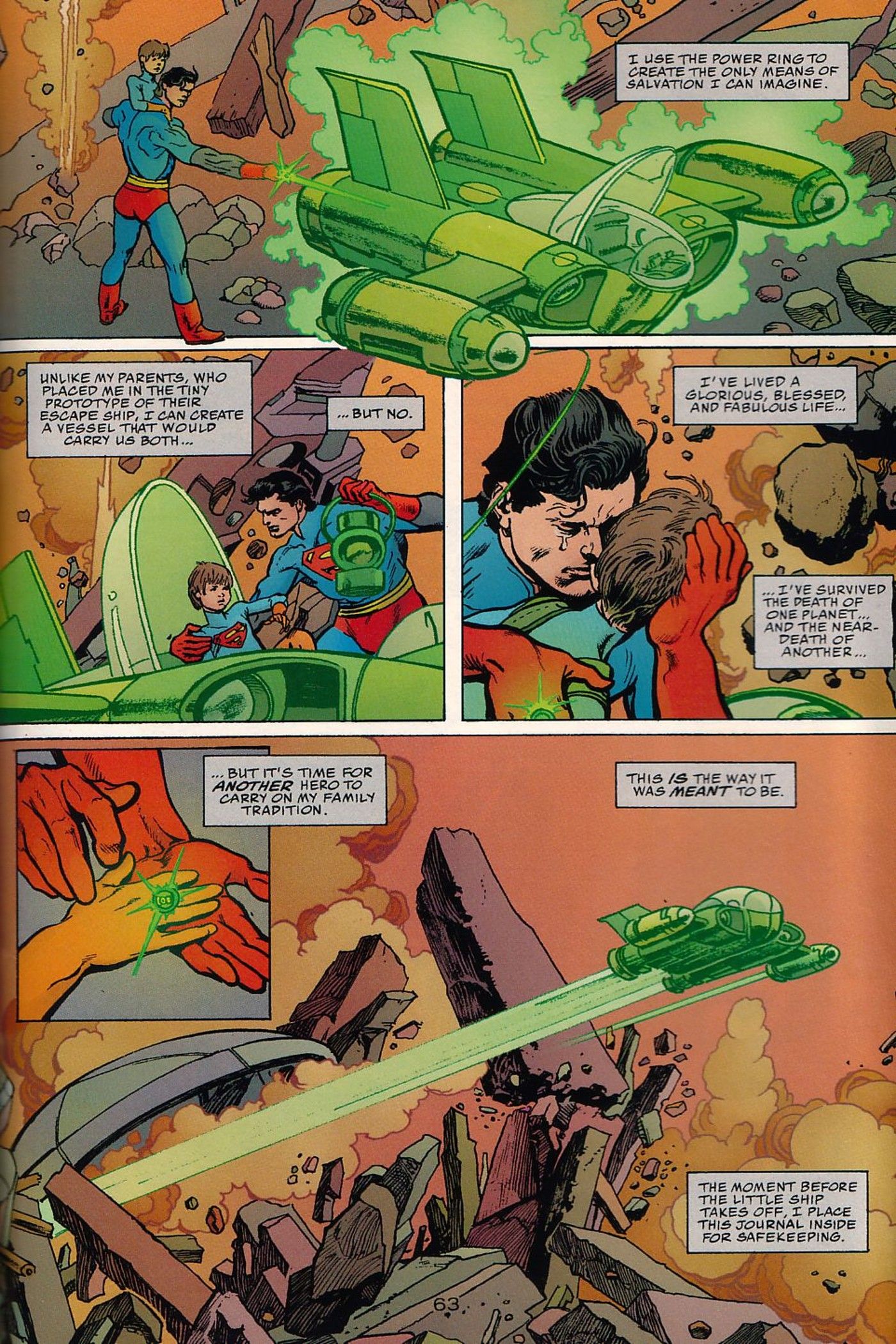 Superman: Distant Fires, Clark Kent sends his son Bruce off Earth in a Green Lantern energy space ship before the planet&rsquo;s destruction
