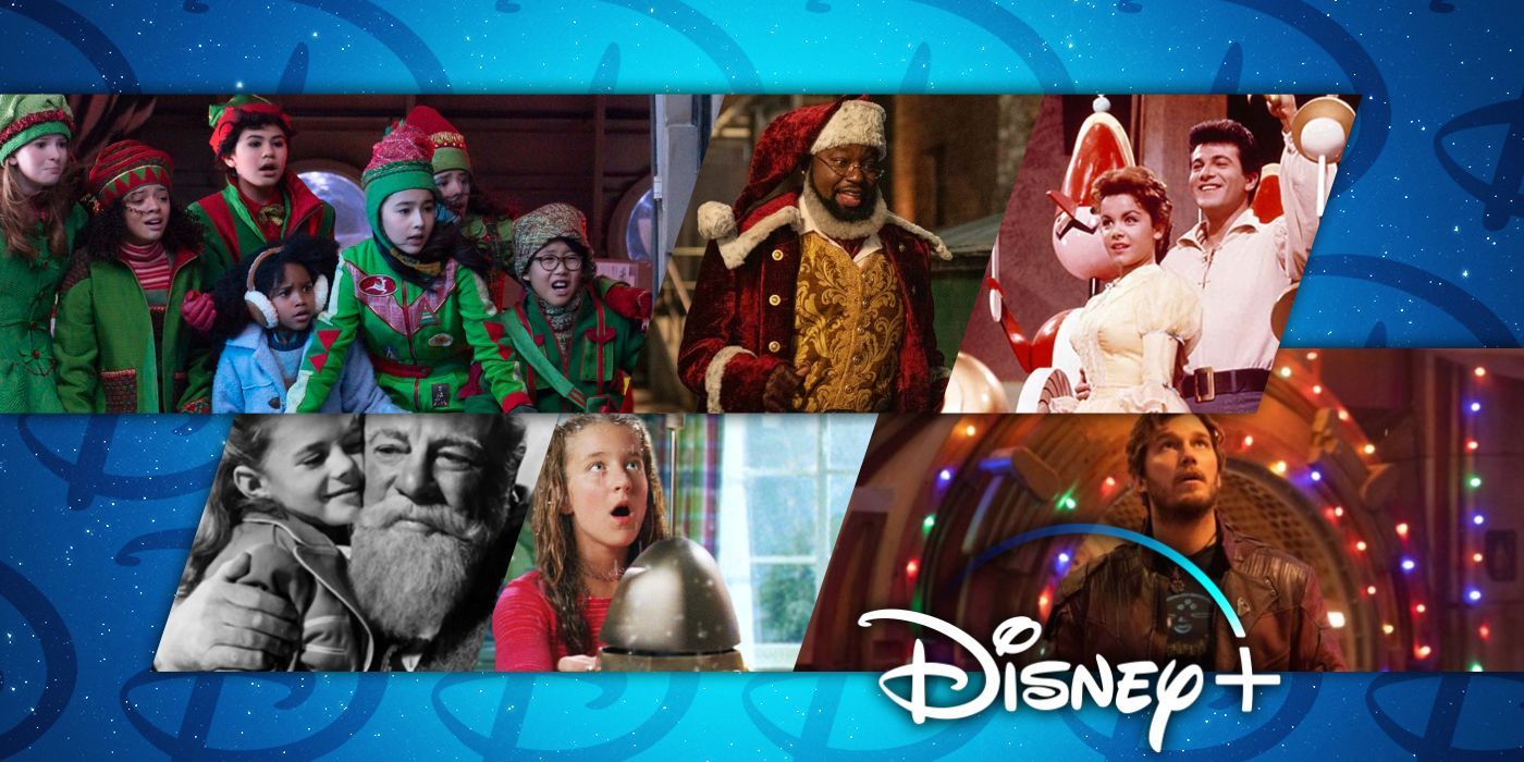 A composite image features characters from The Naughty Nine, Dashing Through The Snow, Babes In Toyland, Miracle on 34th Street, The Ultimate Christmas Present, and The Guardians of the Galaxy Christmas Special, all on Disney+