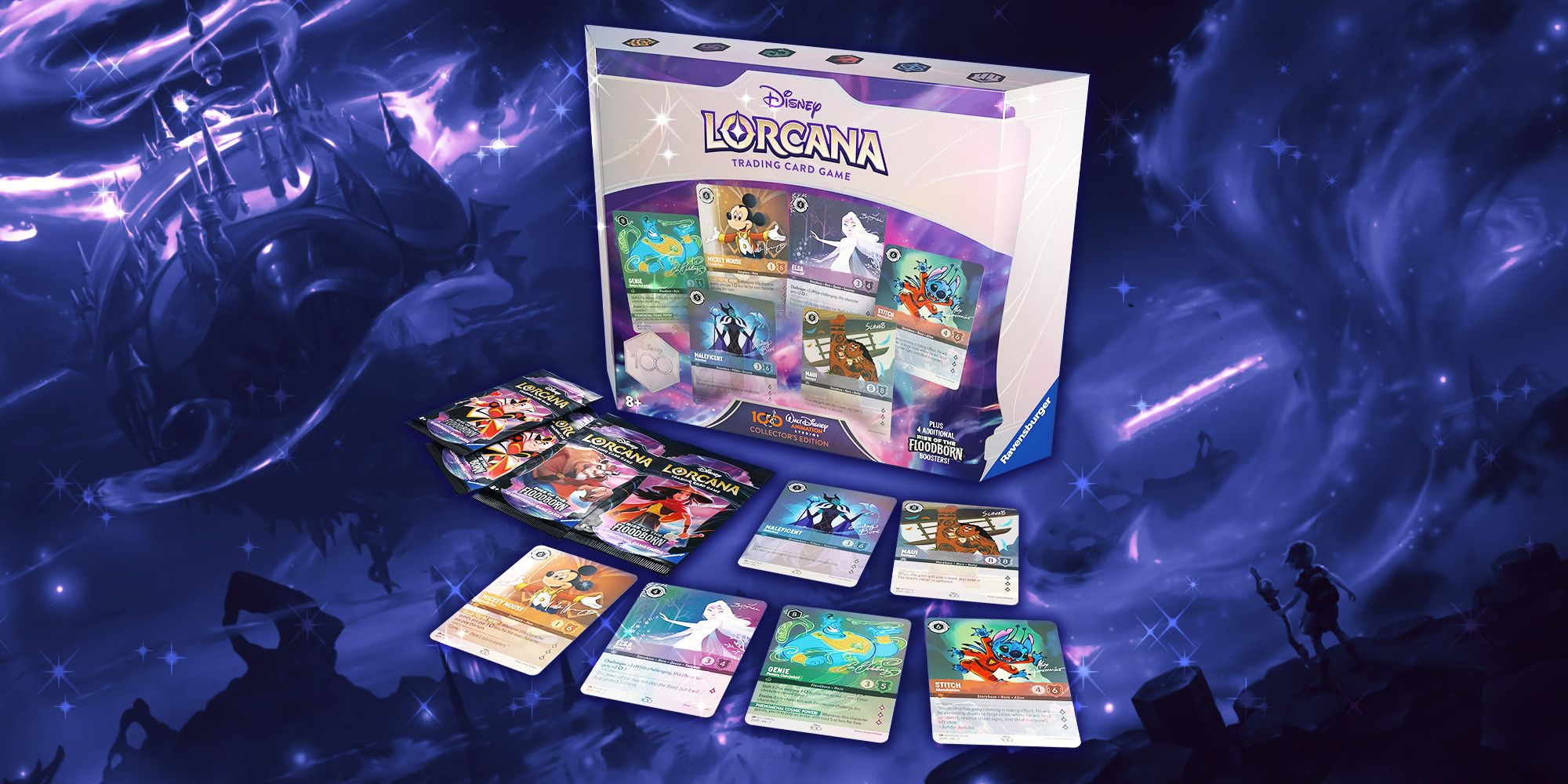 Disney Lorcana D100 Collector's Set box with booster packs and D100 cards in front of a blue Lorcana background.