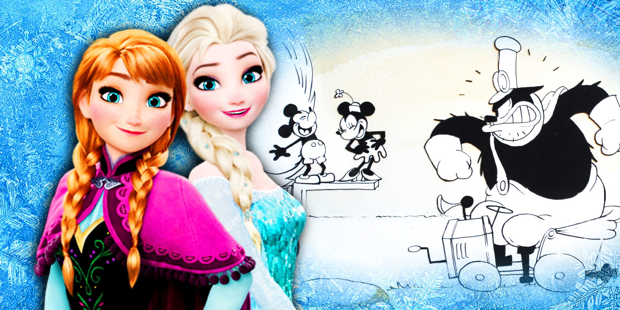 A custom image featuring Anna and Elsa in Frozen and a scene from Mickey Mouse's Get A Horse