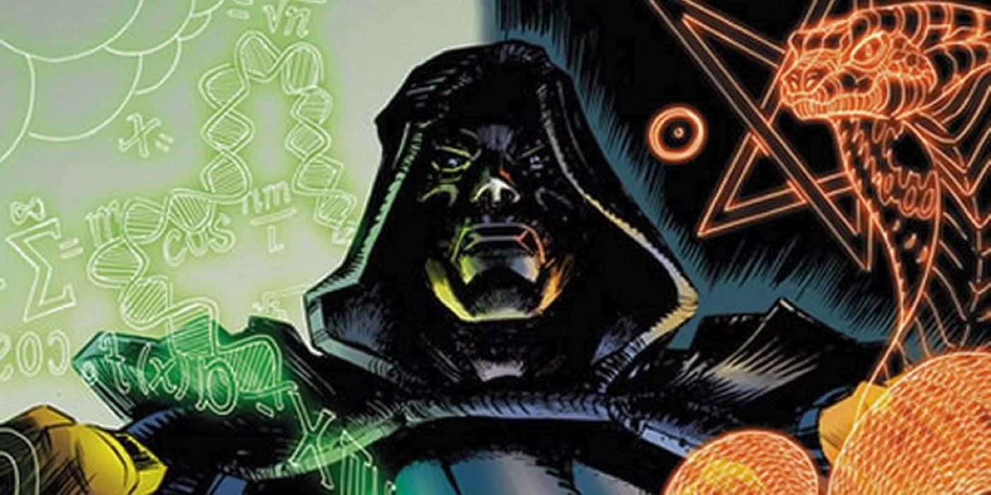 Doctor Doom working on a series of scientific equations