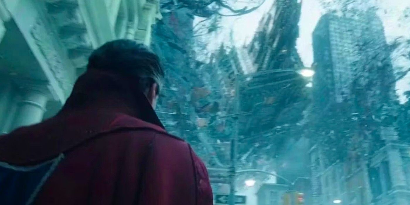 Doctor Strange in the Multiverse of Madness standing in front of an Incursion