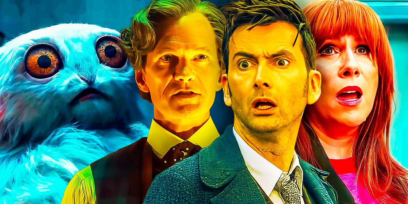Neil Patrick Harris as the Toymaker, David Tennant as the Fourteenth Doctor, Catherine Tate as Donna Noble, and the Meep in Doctor Who's 60th-Anniversary Episode 
