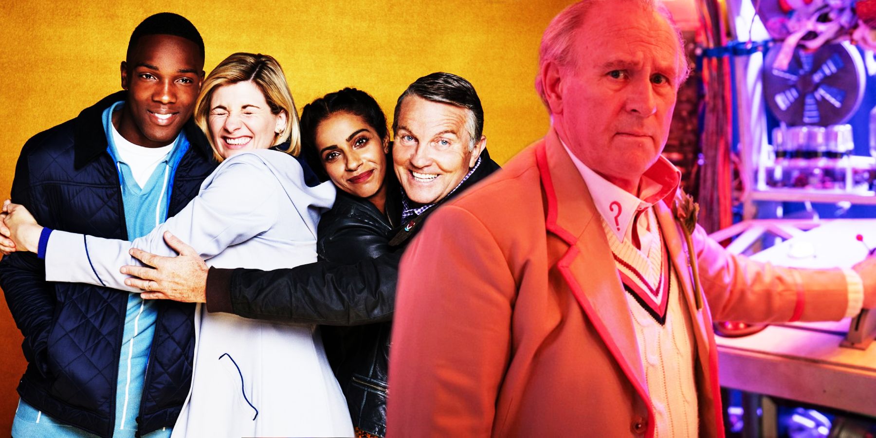 Jodie Whittaker and the cast of Doctor Who hug, while Peter Davison looks confused