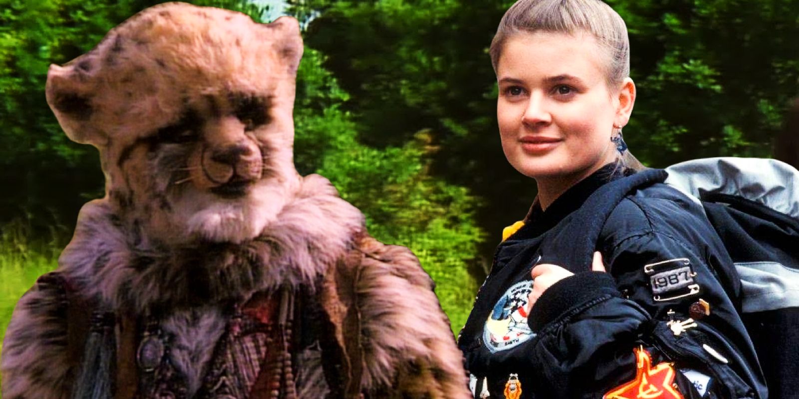 This collage shows Karra and Ace in front of trees from Doctor Who.