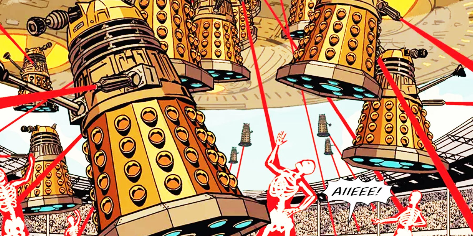 Daleks exterminating football players on the pitch