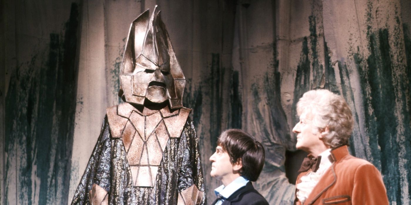 Doctor Who: the Second and Third Doctors looking up at Omega