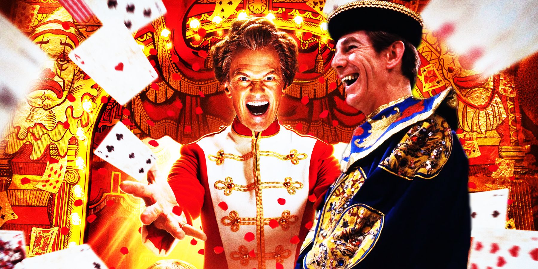 Neil Patrick Harris as the Toymaker, throwing playing cards as Michael Gough as the Toymaker laughs