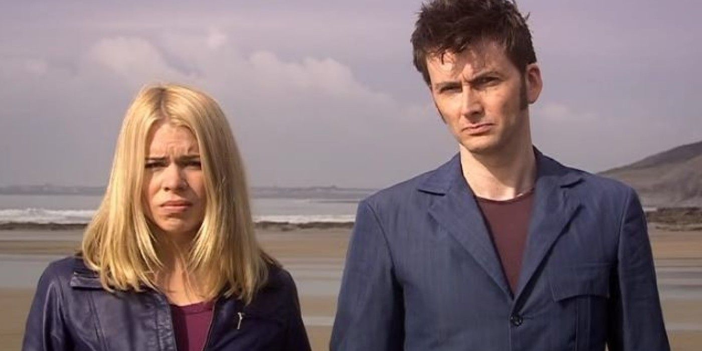 Rose Tyler and the human version of the Tenth Doctor standing on the beach
