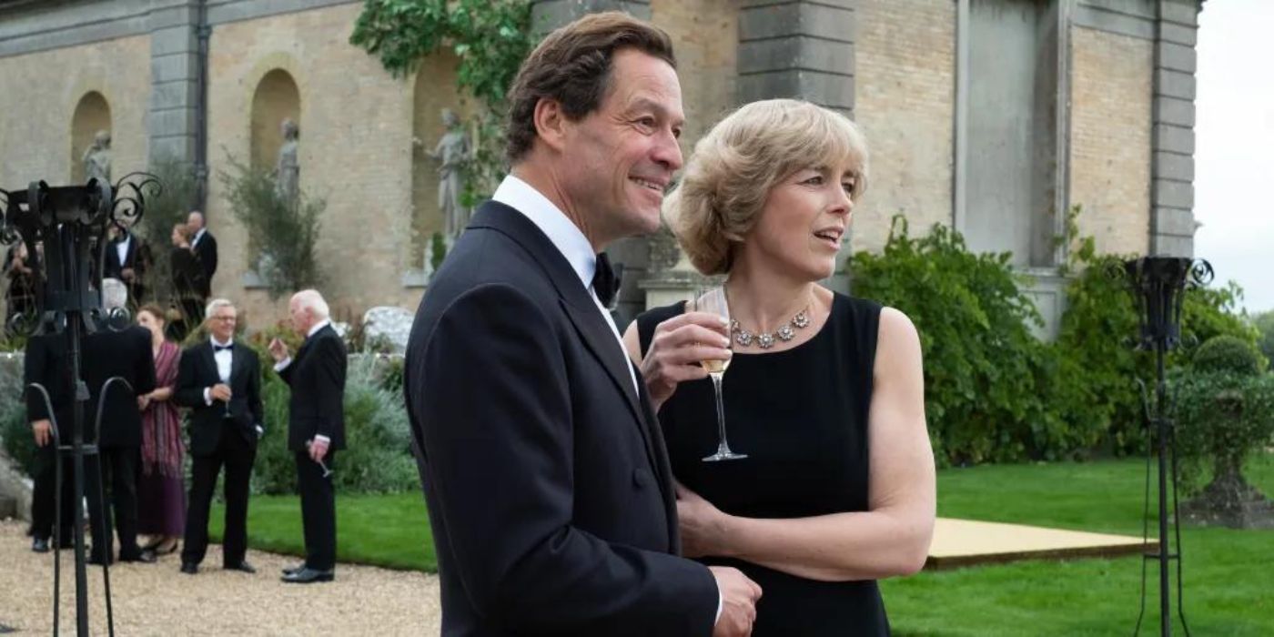 Dominic West as Prince Charles and Olivia Williams as Camilla Parker Bowles in Formal Attire During Her Party in The Crown
