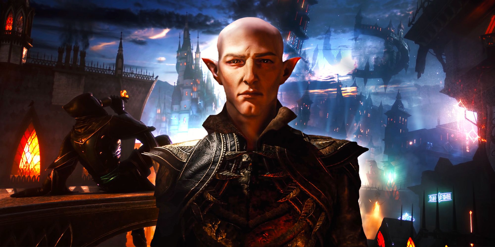 Solas in front of a workshop in Dragon Age. 