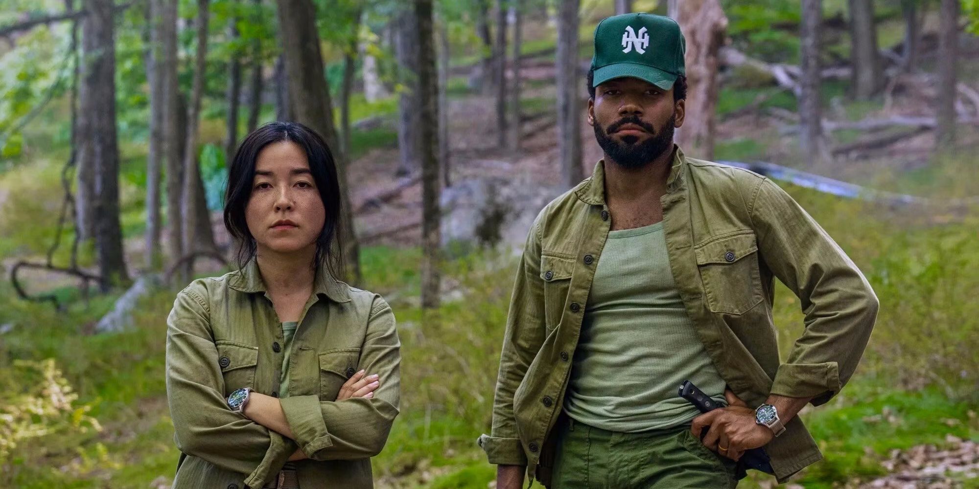 Donald Glover and Maya Erskine as John and Jane in the woods in Mr. and Mrs. Smith TV Show