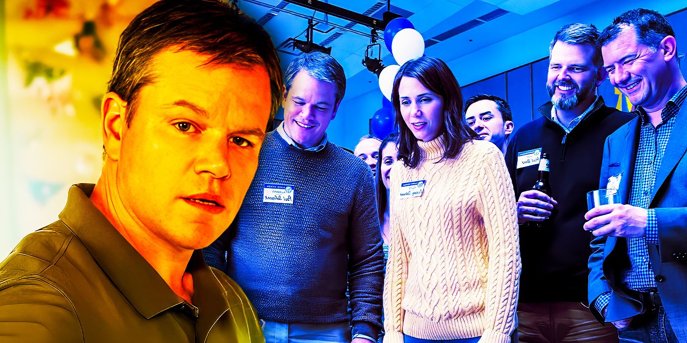 Matt Damon in Downsizing with other characters at the convention