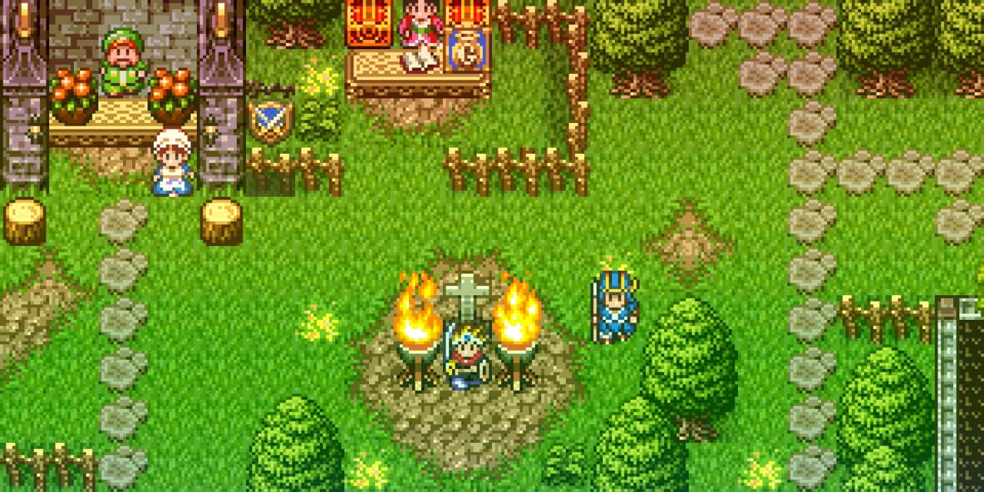 DQ+ gameplay showing the hero standing near a grave in town, with NPCs and shops around him.