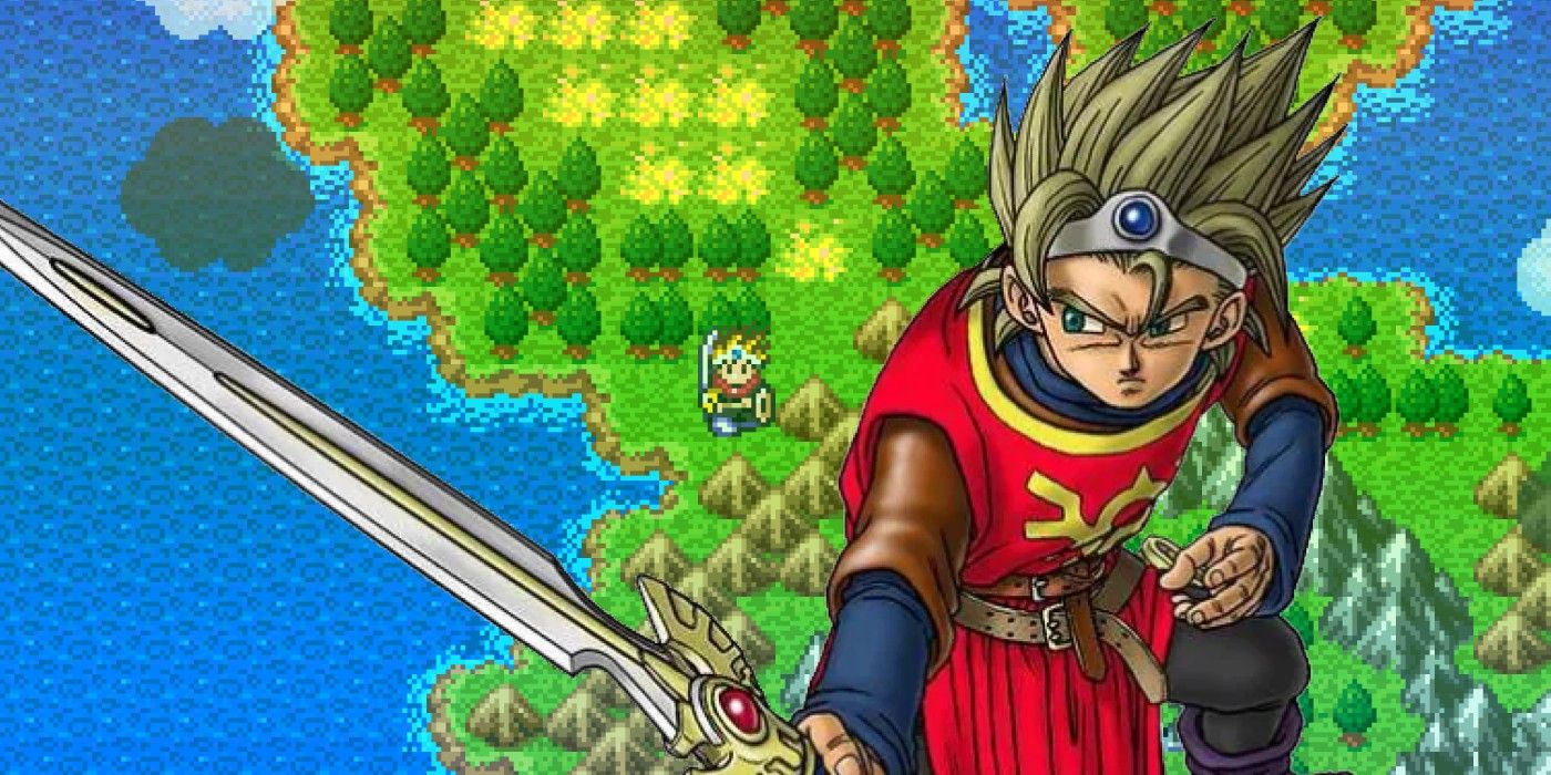 DQ Plus gameplay showing the hero's sprite in the overworld, along with the blonde-haired version of DQ1's hero holding a sword.
