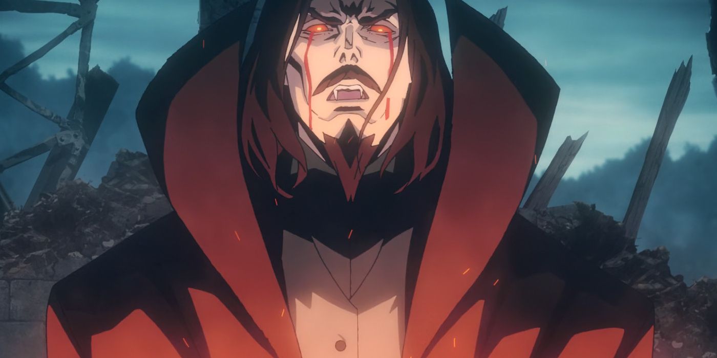 Dracula looking angry with blood in his eyes in Castlevania season 1