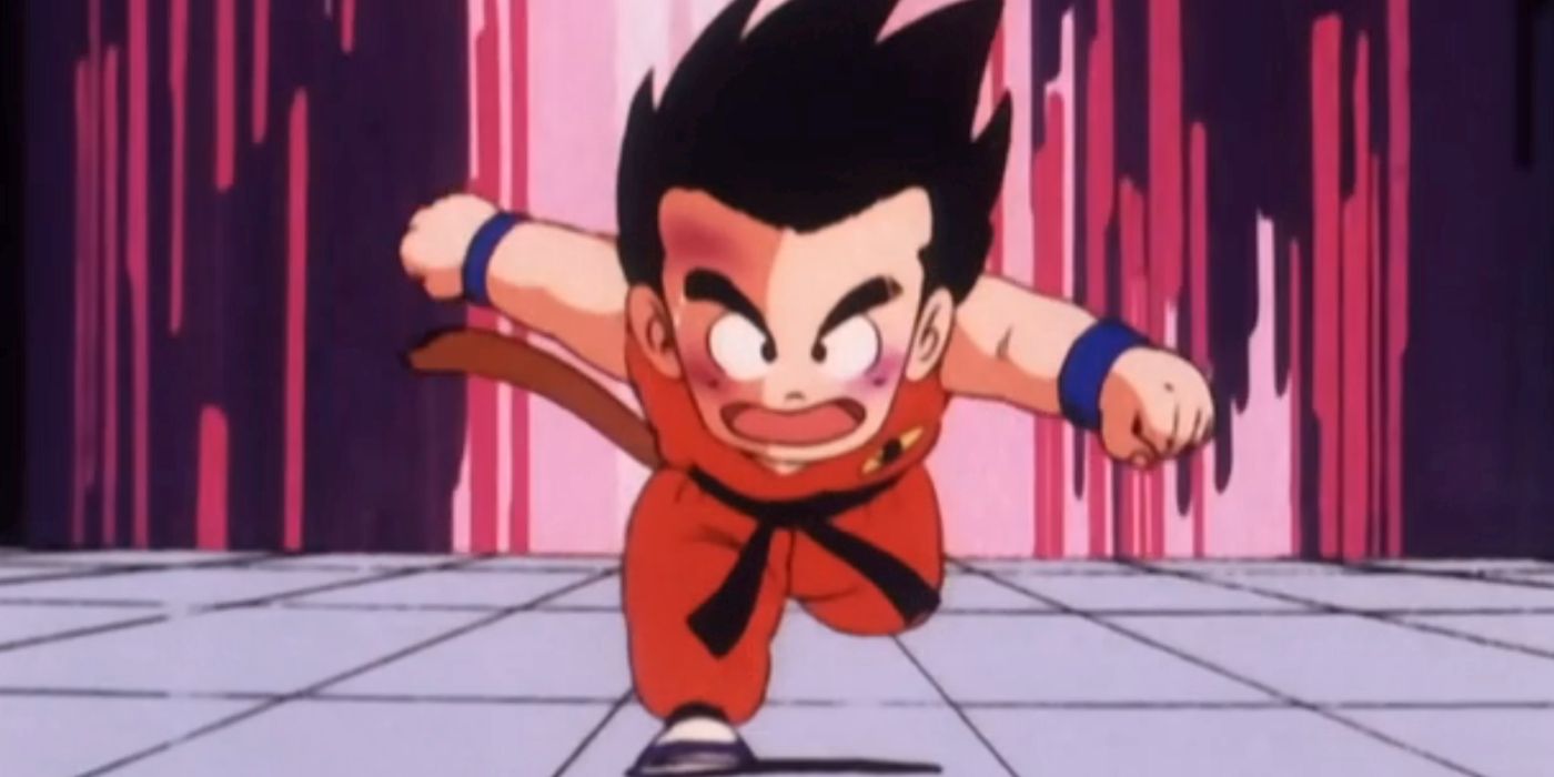 Um ansioso Kid Goku se aproxima rapidamente de seu oponente em Dragon Ball Ep 28 Tournament 3.