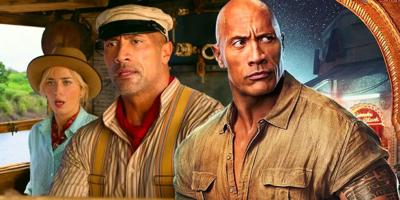 Emily Blunt and The Rock in Jungle Cruise next to The Rock in Jumanji