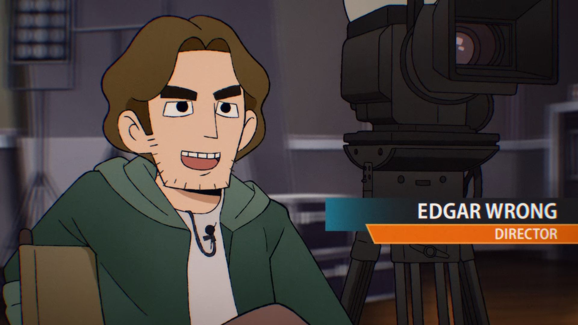 Screenshot from Netflix's Scott Pilgrim Takes Off episode 5 shows director of in-series movie named Edgar Wrong.