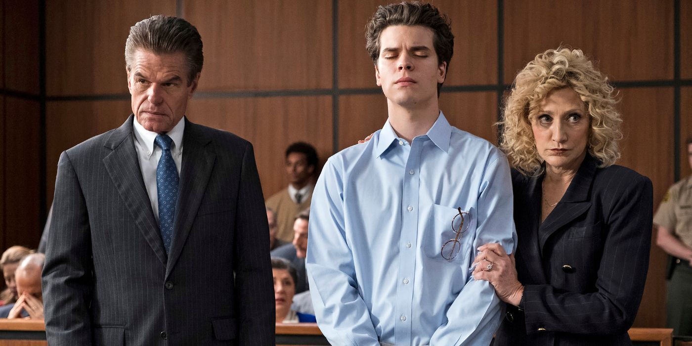 Barry, Erik, and Leslie in a courtroom at the podium in Law and Order True Crime